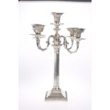 A HANDSOME MAPPIN BROTHERS SILVER-PLATED FIVE-LIGHT CORINTHIAN COLUMN CANDELABRUM, with stop-