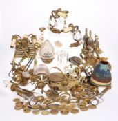 A LARGE COLLECTION OF BRASS AND METAL WARES, including andirons, lighting, etc. (qty)