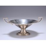 AN ART DECO SILVER TAZZA, maker's mark indistinct, with angular handles and raised above a