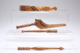 TREEN: A GROUP OF FOUR 19TH CENTURY KNITTING STICKS, comprising two with carved decoration and two