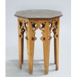 AN ARTS AND CRAFTS OAK AND COPPER OCCASIONAL TABLE, with octagonal copper top. 74cm high, 58cm