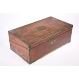 ~ AN EARLY 19TH CENTURY BRASS-BOUND MAHOGANY WRITING SLOPE, with fitted interior. 44cm wide