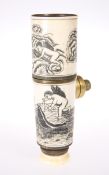 A SCRIMSHAW TYPE TELESCOPE WALKING CANE HANDLE, signed 'STANLEY LONDON' and dated 1885, the four-