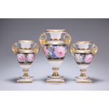 A GARNITURE OF THREE 19TH CENTURY PARIS PORCELAIN VASES, of two-handled shouldered ovoid form,