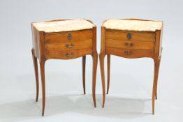 A PAIR OF FRENCH MARBLE-TOPPED BEDSIDE CABINETS, one with door with three dummy drawer fronts, the