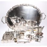 A COLLECTION OF SILVER-PLATE AND PEWTER, including a large two-handled tray; crumb scoop engraved