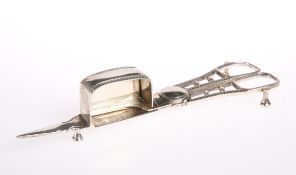 A PAIR OF GEORGE III SILVER CANDLE SNUFFERS, by Wilkes Booth, London 1806, with bead and reel