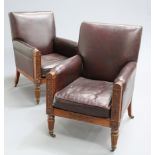 ~ A PAIR OF MAHOGANY AND LEATHER UPHOLSTERED LIBRARY BERGERES, FIRST HALF 19TH CENTURY, each with