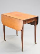 A GEORGE III MAHOGANY AND SATINWOOD BANDED PEMBROKE TABLE, the leaves with rounded corners, above