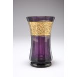 A MOSER AMTHEYST GLASS VASE, 1920'S, of faceted waisted form, with gilt oroplastic birds and foliage