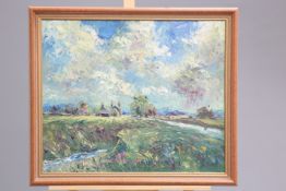 TERRY KIRMAN (1939-1997), LANCASHIRE LANDSCAPE, oil on board, framed. Provenance: Purchased from