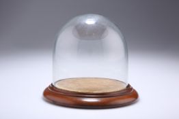 A LATE VICTORIAN GLASS DOME, with velvet lined circular mahogany base. 13cm high