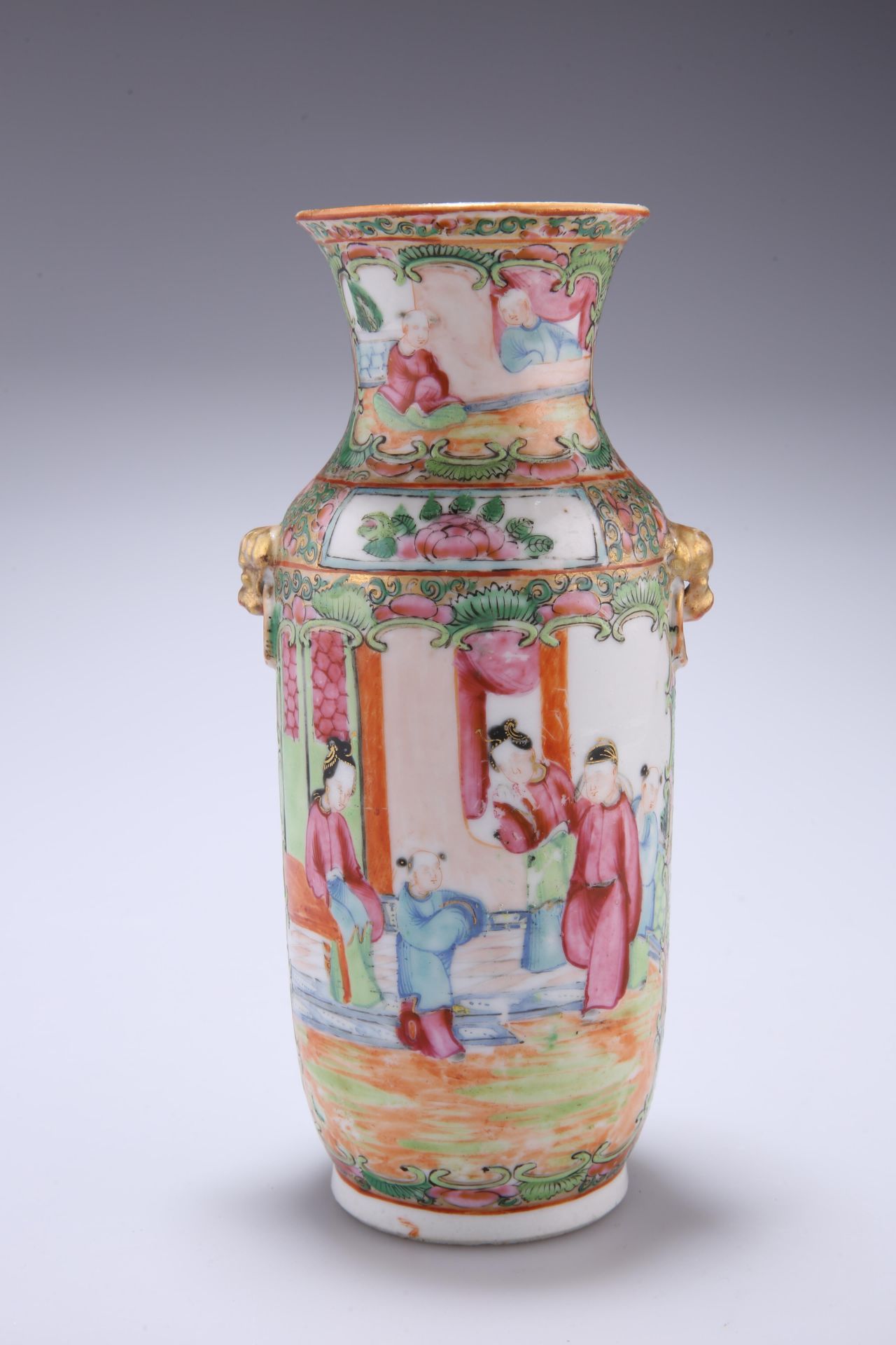 A LATE 19TH CENTURY CANTONESE FAMILLE ROSE VASE, baluster form with gilt moulded mask handles,