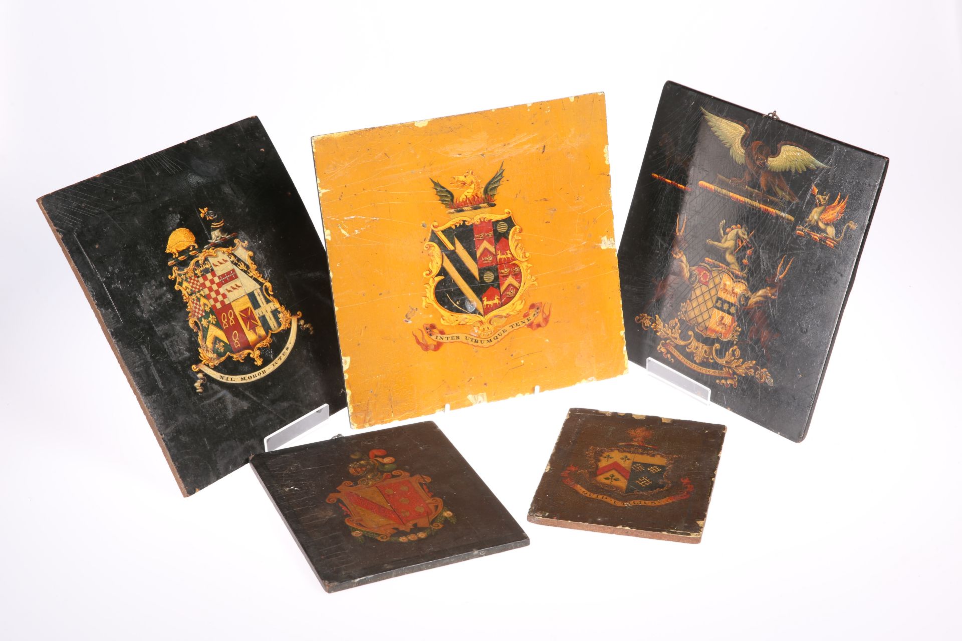 ~ A GROUP OF FIVE 19TH CENTURY PAINTED ARMORIALS, on board, various sizes. (5)  Largest 24.5cm by