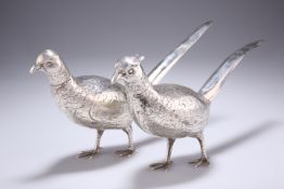 A PAIR OF SILVER PHEASANTS, by Harry Freeman, import mark London 1924, stamped 925, a cock and a hen