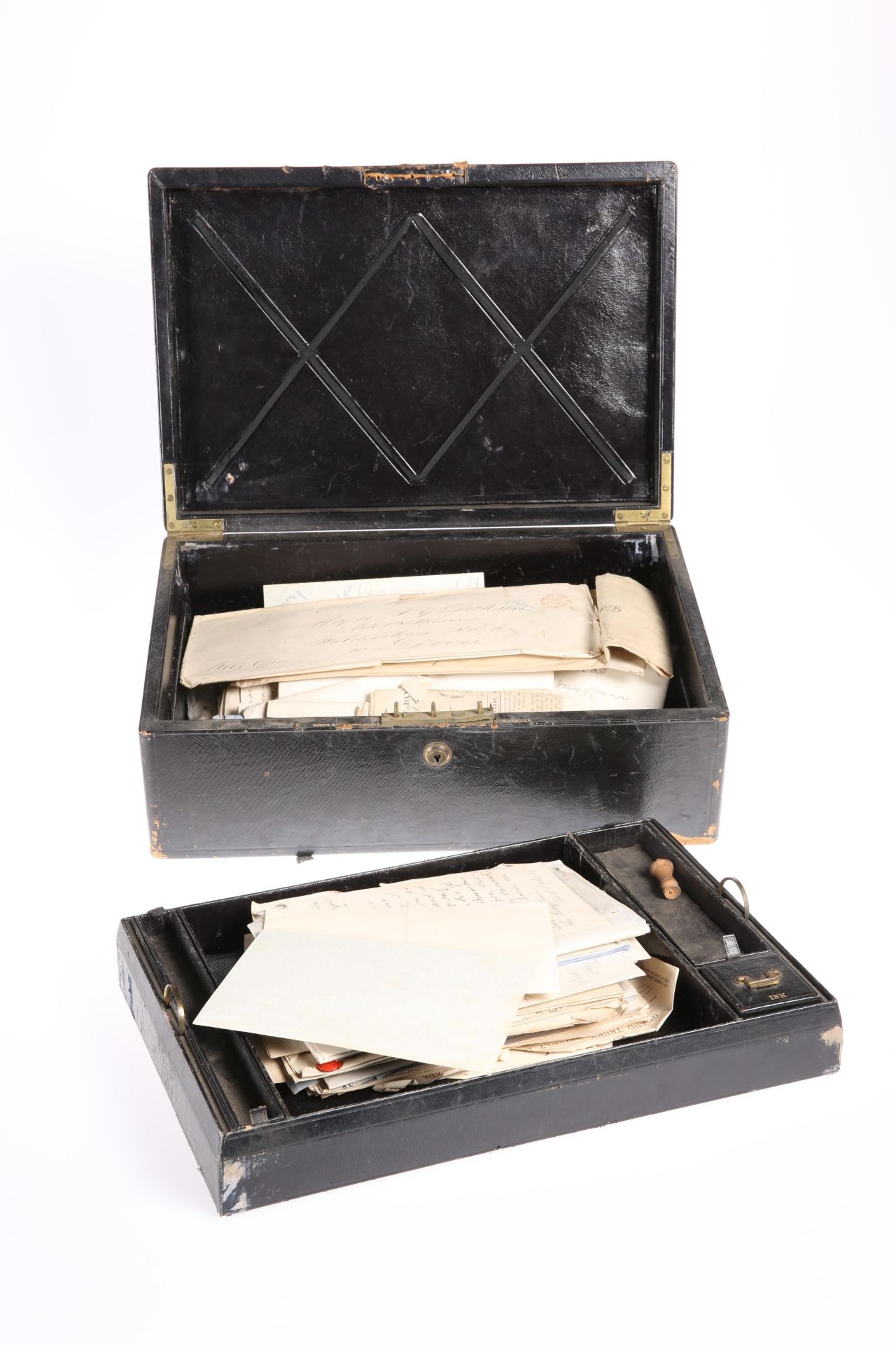 ~ A LATE VICTORIAN LEATHER-BOUND DISPATCH BOX, signed Needs & Co, Piccadilly, containing a lift-