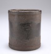 A CHINESE BRONZE BRUSH POT, cylindrical, engraved with two dragons chasing the flaming pearl,