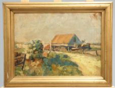 CONTINENTAL SCHOOL, COTTAGE IN A LANDSCAPE, inscribed verso, oil on board, framed. 29.5cm by 40cmThe