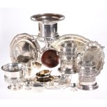 A COLLECTION OF SILVER-PLATE, including WMF cream jug and sugar bowl, two coasters, wine cooler,