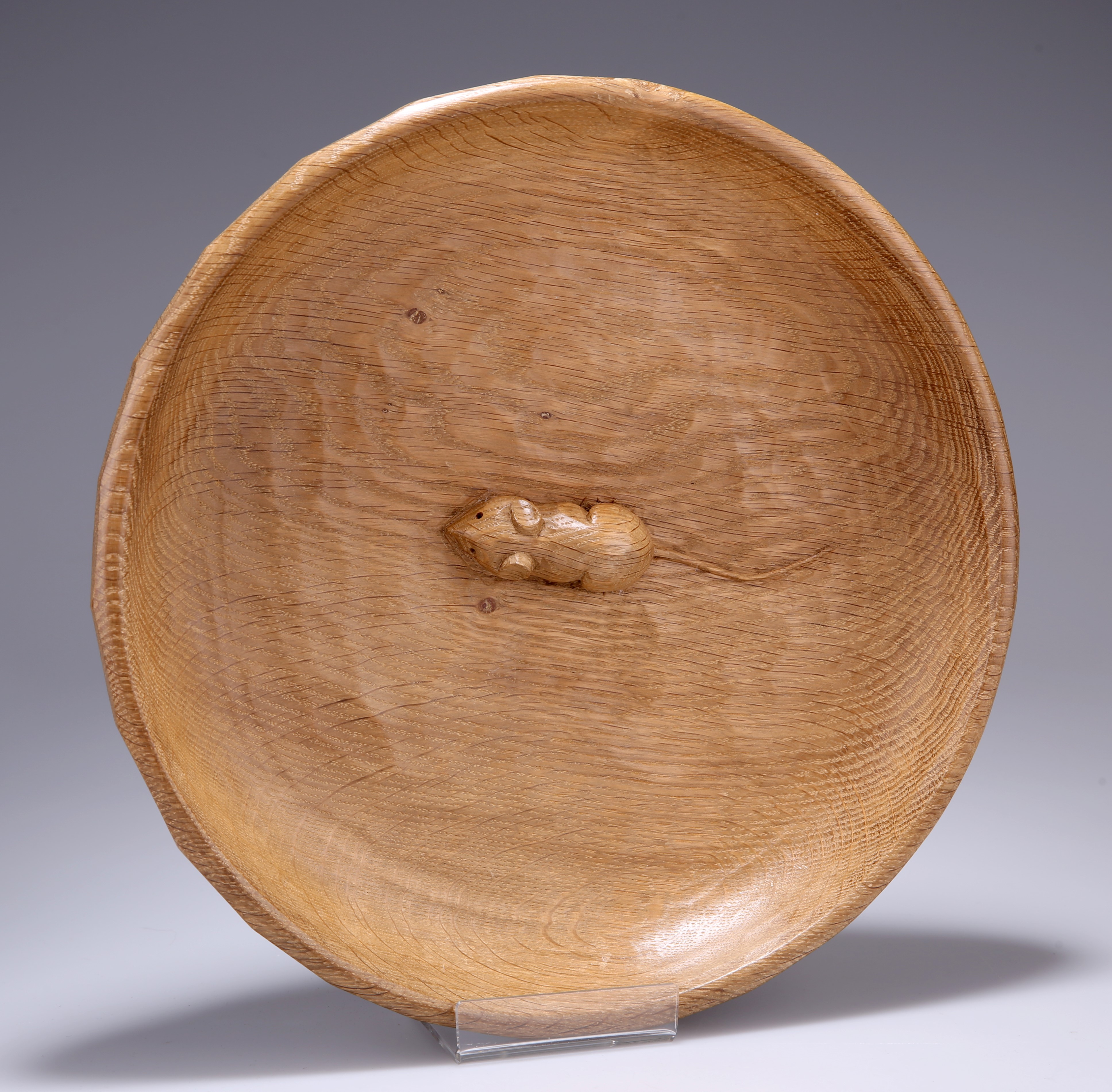 ROBERT THOMPSON OF KILBURN A MOUSEMAN OAK FRUIT BOWL, circular, adzed inside and out, carved mouse - Image 2 of 2