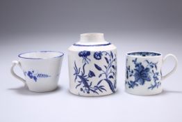 A PEARLWARE TEA CADDY, CIRCA 1770-80, shouldered cylindrical form, blue printed with the Three