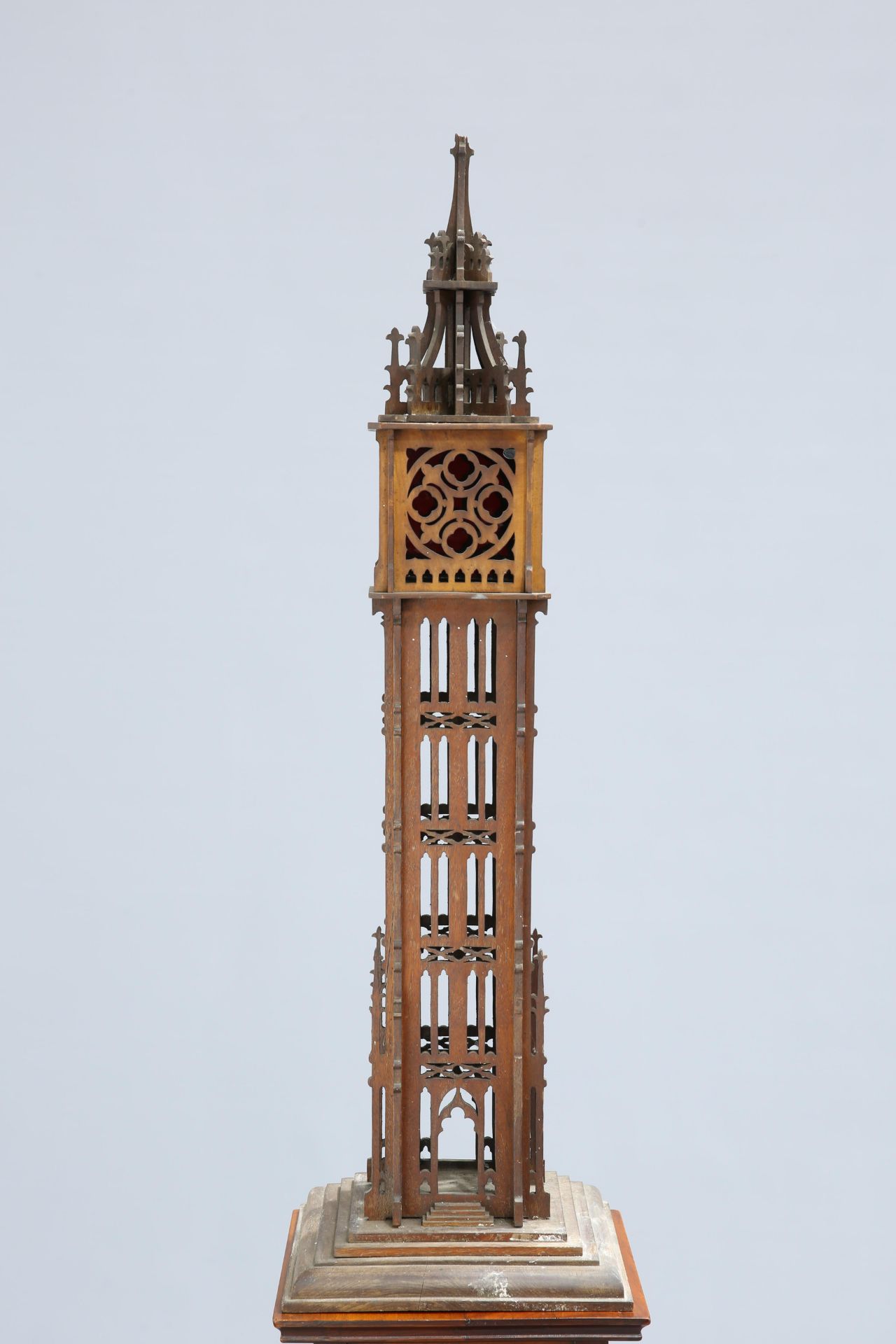 A 19TH CENTURY FRETWORK COLUMNAR 'GOTHIC' LANTERN, of architectural form. 88cm high