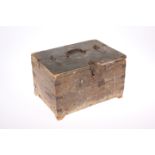 AN 18TH CENTURY IRON-MOUNTED BOX, rectangular, the lid hinged at two thirds, the interior with