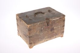 AN 18TH CENTURY IRON-MOUNTED BOX, rectangular, the lid hinged at two thirds, the interior with