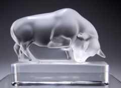 RENÉ LALIQUE (FRENCH, 1860-1945), A CLEAR AND FROSTED GLASS PAPERWEIGHT, modelled as a charging