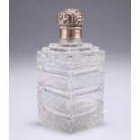 A VICTORIAN SILVER MOUNTED CUT GLASS SCENT BOTTLE, Birmingham 1896, square form, the lid embossed