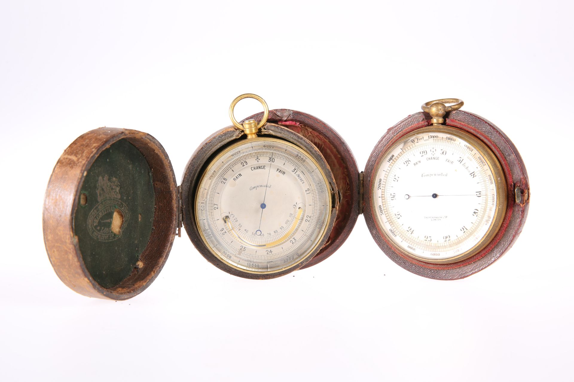 ~ A NEGRETTI & ZAMBRA 2 3/4-INCH BRASS BODIED TRAVELLING BAROMETER WITH THERMOMETER 'COMPENSATED',