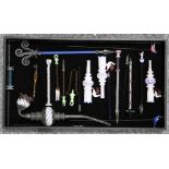 A COLLECTION OF VICTORIAN AND LATER GLASS NOVELTIES, including cheroot holders, pipe, dip pen with