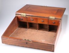 A 19TH CENTURY MAHOGANY TABLE-TOP DESK, the hinged slope opening to reveal four drawers over four