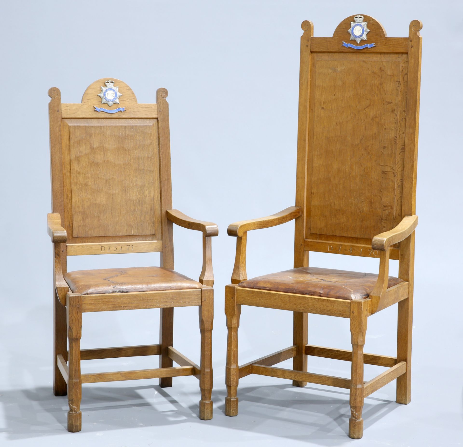 MALCOLM PIPES A PAIR OF FOXMAN OAK CEREMONIAL ARMCHAIRS, made to commemorate a Royal visit in the