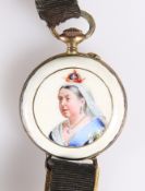 ~ AN ARGENT DORE LADY'S FOB WATCH, ENAMELLED WITH A PORTRAIT OF QUEEN VICTORIA, together with FIVE