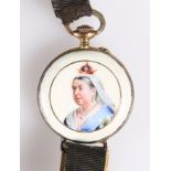 ~ AN ARGENT DORE LADY'S FOB WATCH, ENAMELLED WITH A PORTRAIT OF QUEEN VICTORIA, together with FIVE