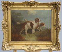 ENGLISH SCHOOL (19TH CENTURY), TWO SPANIELS IN A LANDSCAPE, initialled 'J.S' lower left, oil on