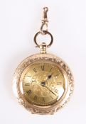 A LADY'S GOLD FOB WATCH, the dial with Roman numerals, the case engraved with scrolling foliage,