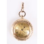 A LADY'S GOLD FOB WATCH, the dial with Roman numerals, the case engraved with scrolling foliage,
