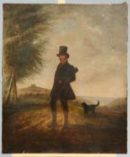 ~ ENGLISH SCHOOL, PORTRAIT OF A SPORTSMAN WITH A GUN AND DOG IN A LANDSCAPE, oil on canvas. 76cm