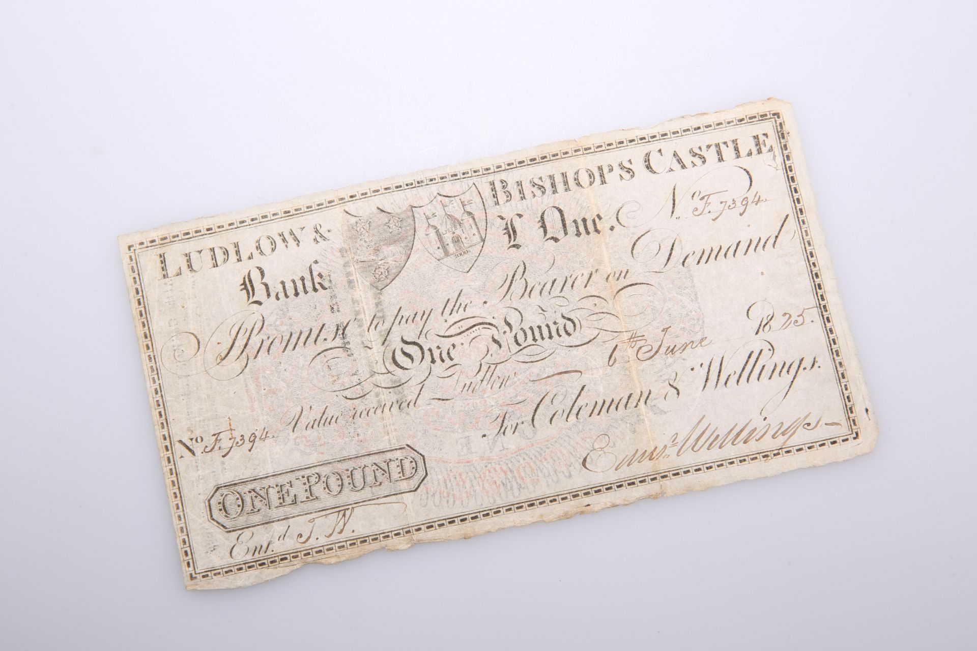 A 19TH CENTURY BANK NOTE, Ludlow & Bishops Castle Bank, One Pound, 6th June 1825, no. 7394 for