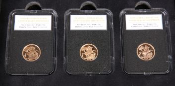 A SET OF THREE LIMITED EDITION PROOF SOVEREIGNS, "THE SAPPHIRE CORONATION ANNIVERSARY SOVEREIGN