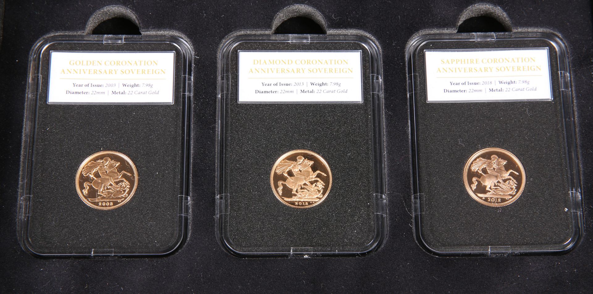 A SET OF THREE LIMITED EDITION PROOF SOVEREIGNS, "THE SAPPHIRE CORONATION ANNIVERSARY SOVEREIGN