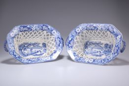 A PAIR OF EARLY 19TH CENTURY BLUE AND WHITE PEARLWARE CHESTNUT BASKETS, of canted rectangular form