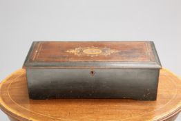 A 19TH CENTURY INLAID ROSEWOOD CYLINDER MUSIC BOX, 8 1/2 inch cylinder with ratchet wind, numbered