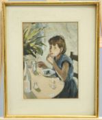 ~ 20TH CENTURY SCHOOL, GIRL AT A TABLE, oil, framed. 22.5cm by 16cm