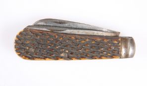 A STAGHORN-HANDLED TWIN-BLADED POCKET KNIFE BY WADE & BUTCHER, SHEFFIELD.