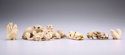 A GROUP OF FOUR JAPANESE IVORY CARVINGS, MEIJI PERIOD, comprising a rat group, unsigned, (a/f); a