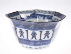 AN ARITA BLUE AND WHITE BOWL, EDO PERIOD, octagonal, painted to the exterior with Dutch figures,