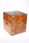 ~ A VICTORIAN BRASS-BOUND BURR WALNUT DECANTER BOX, the Bramah lock stamped Elkington & Co Ltd, 73
